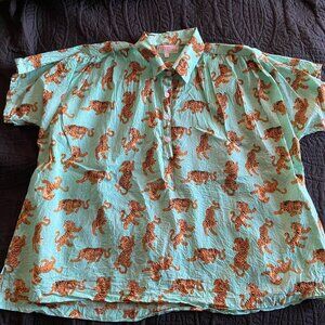 Whimsical Tiger Top Half Button Turquoise, Generous XS/S Market Co. 100% Cotton